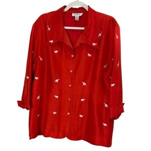 I.S.C. Silk Red Women’s Top Embroidered Safari Animals sz L